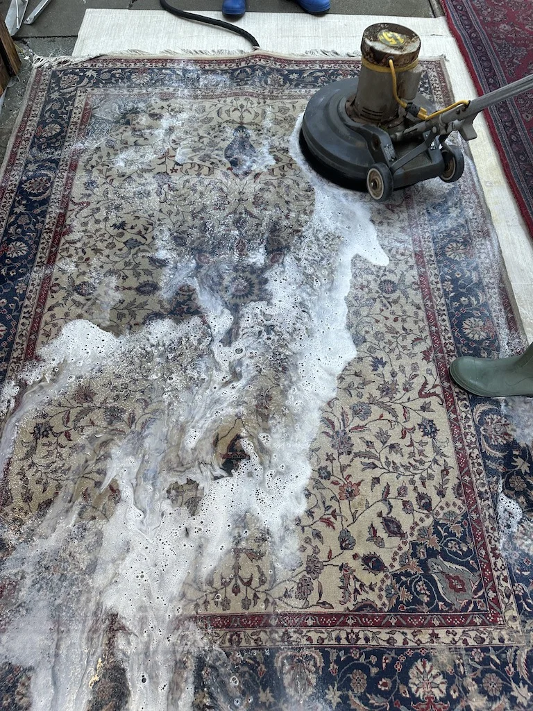 Area rug cleaning in San Francisco, CA – Persian rug being deep cleaned with soap and professional washing equipment at Silk Road Odyssey.
